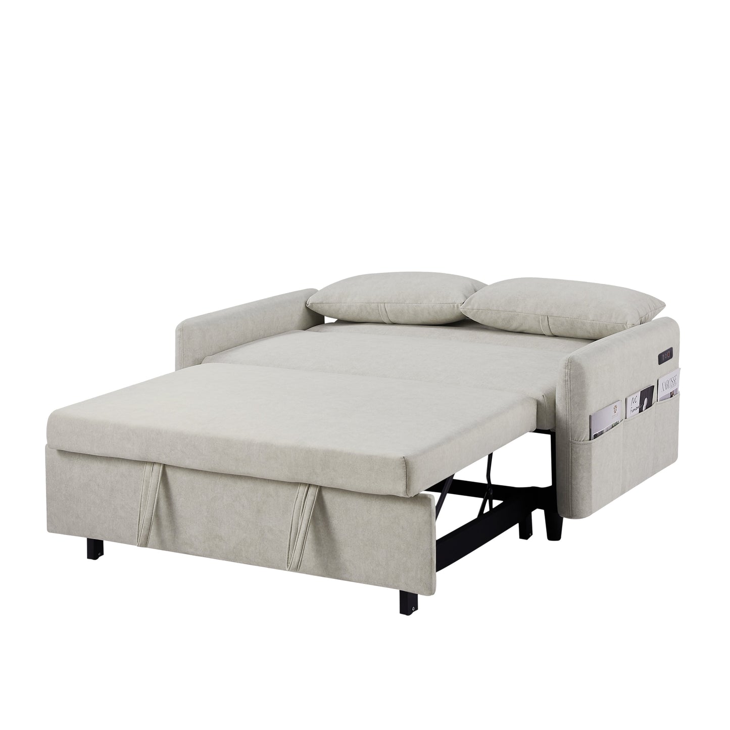 2-Seat Microfiber Sofa Bed with Pillows and Side Storage