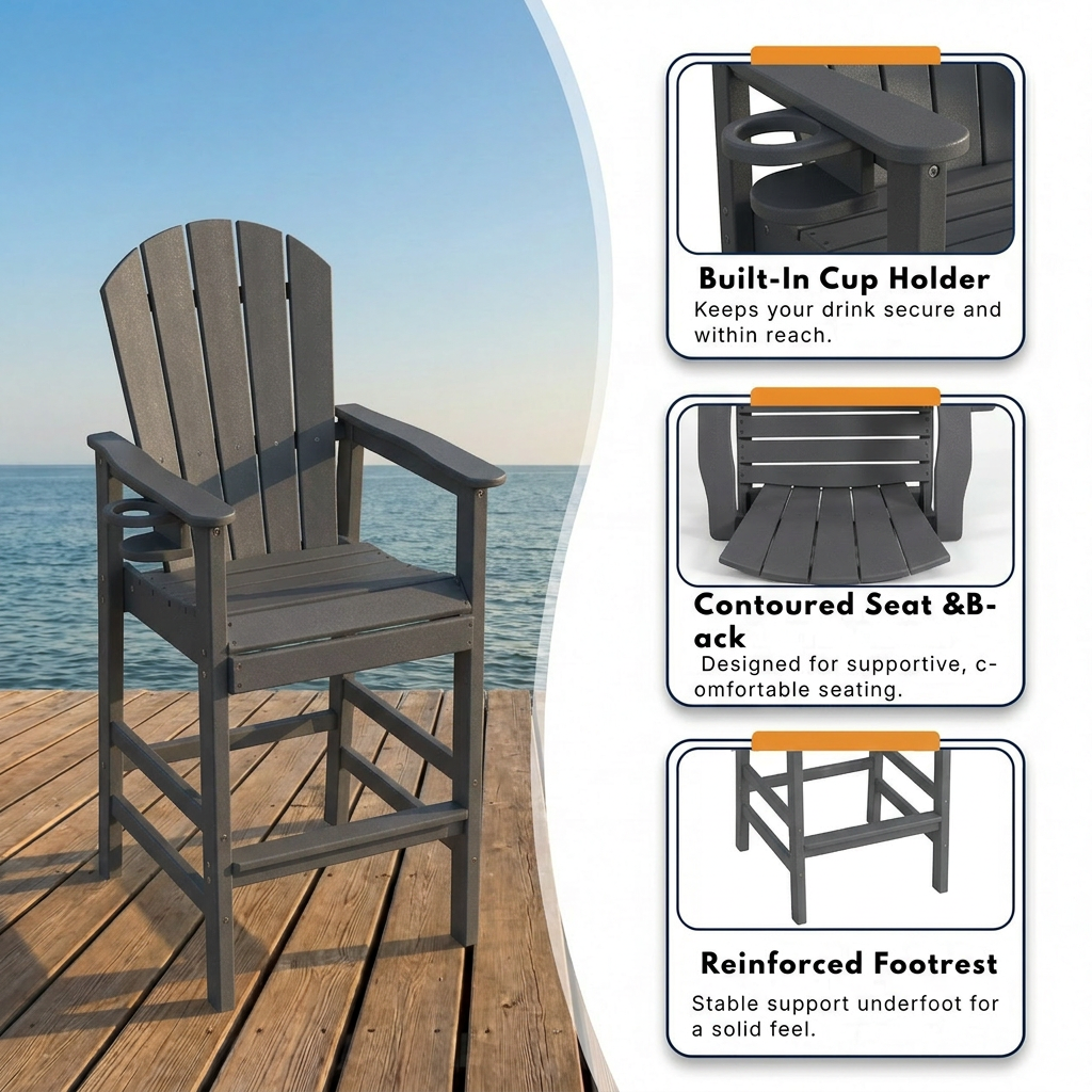 All-Weather HDPE Bar Height Adirondack Chair with Cup Holder