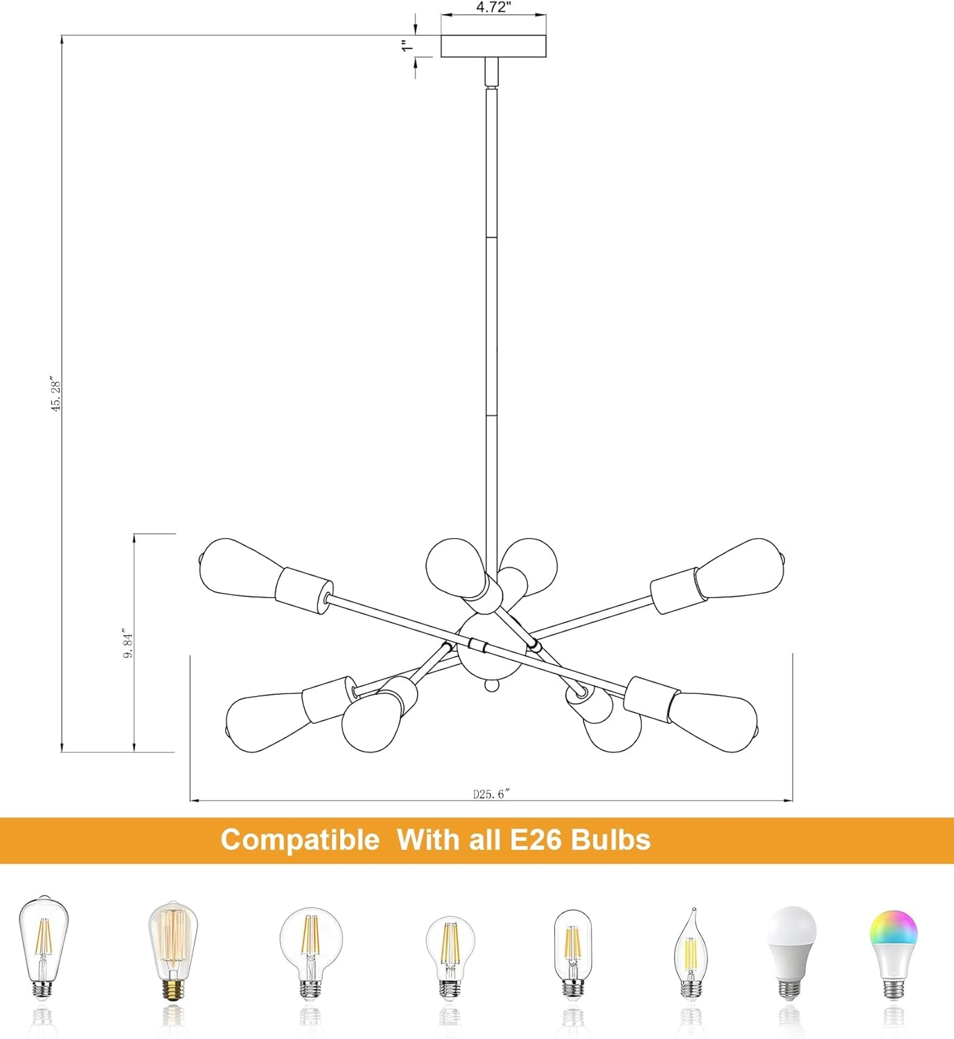 Modern Mid-Century 8-Light Black & Gold Chandelier