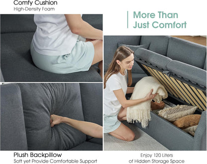 Grey L-Shaped Sleeper Sectional Sofa with Pull-Out Bed & Storage