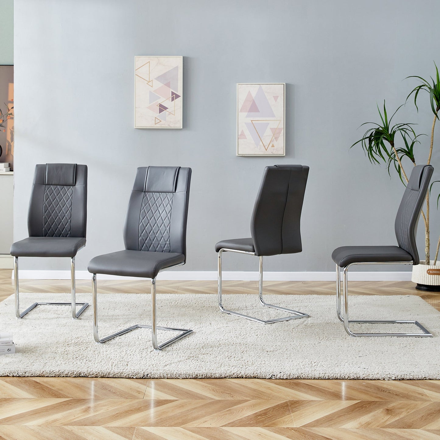 Contemporary Padded Grey Dining Chair with Plated Legs