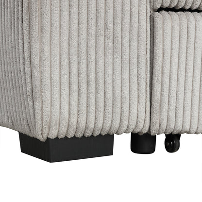 Light Grey Corduroy Sectional Sofa Bed with Built-in USB, Storage, and Movable Ottoman