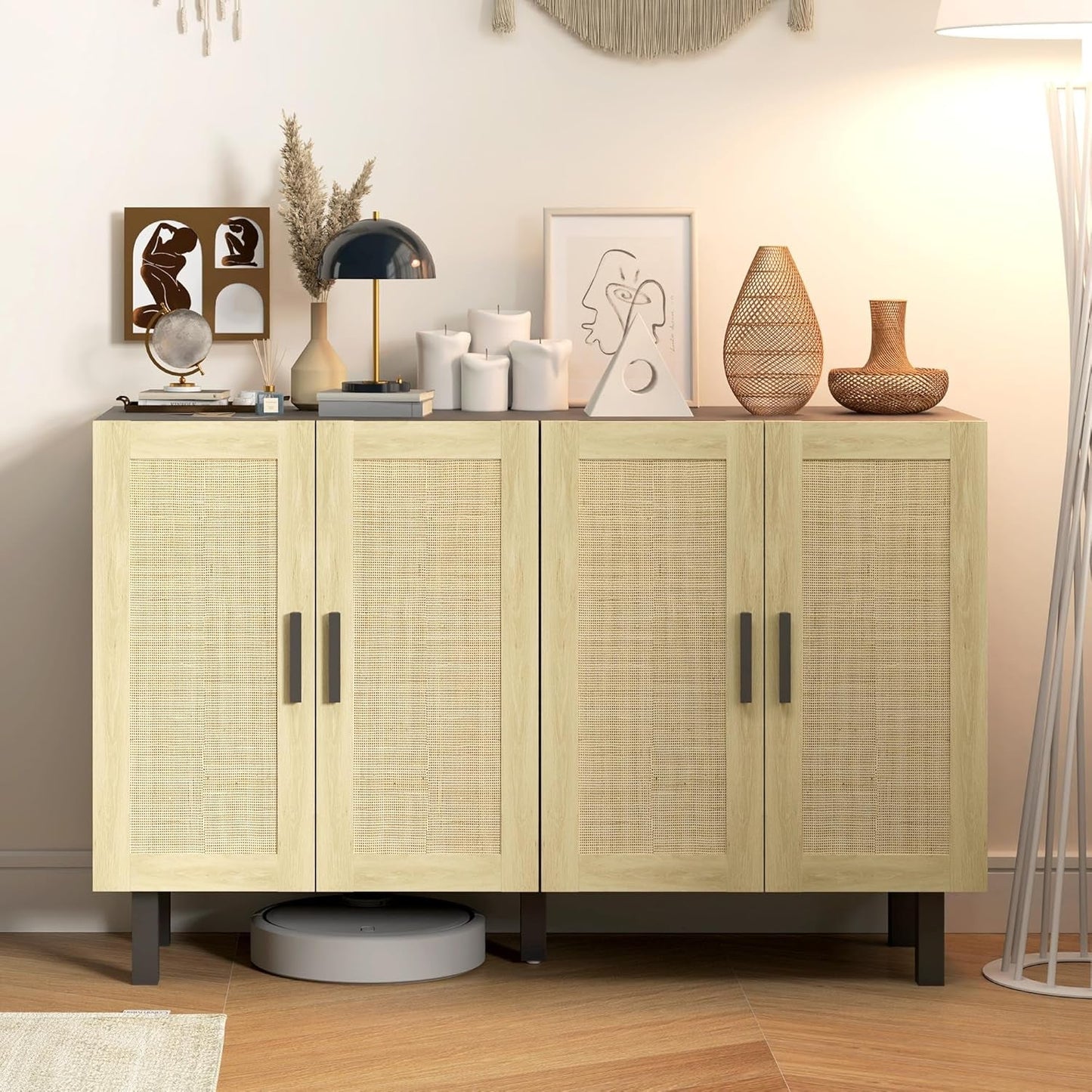 Boho Chic Rattan Buffet Cabinet with Adjustable Shelves – Black & Natural