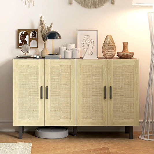 Boho Chic Rattan Buffet Cabinet with Adjustable Shelves – Black & Natural