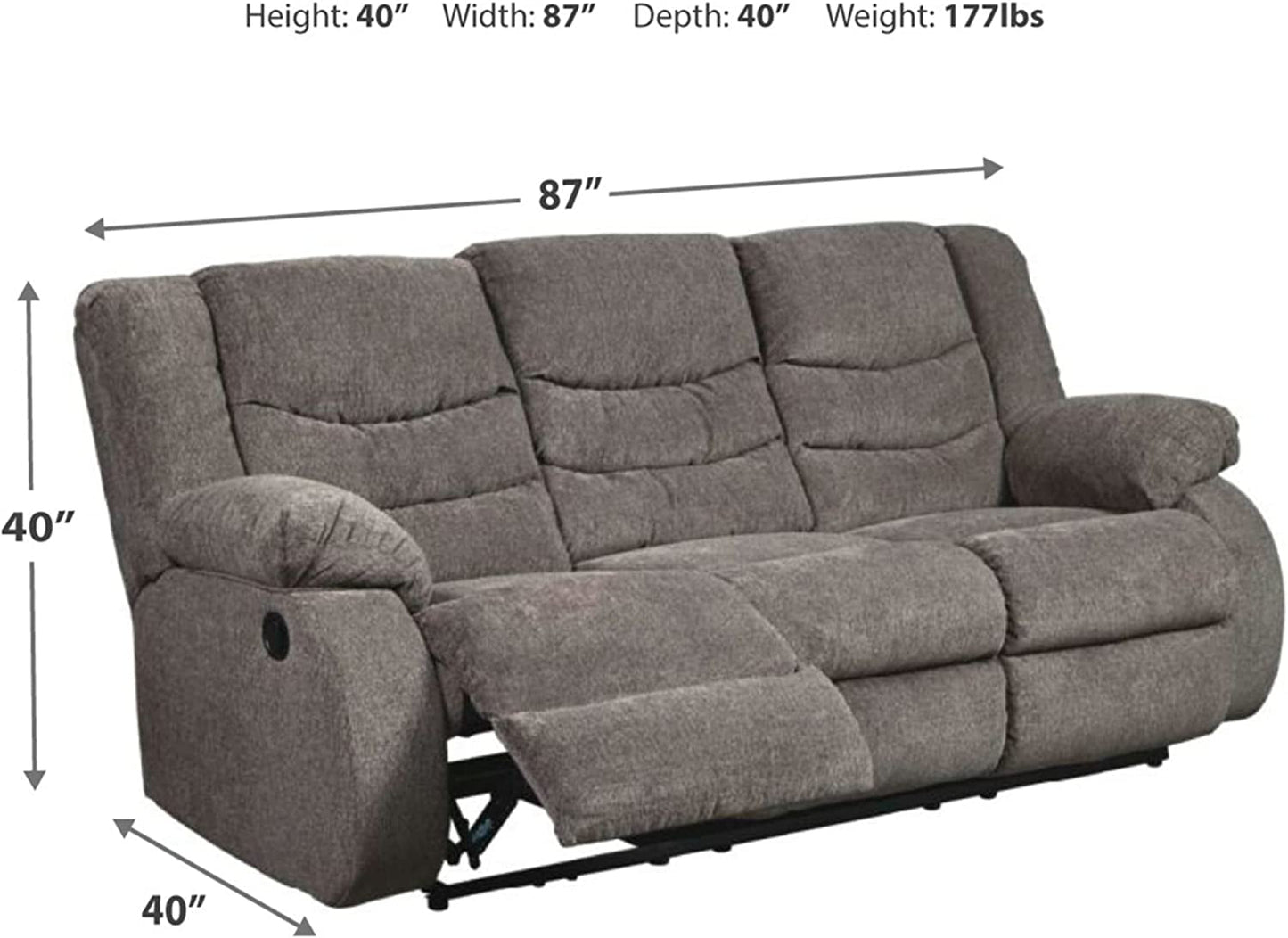Gray sofa with dimensions labeled on a white background