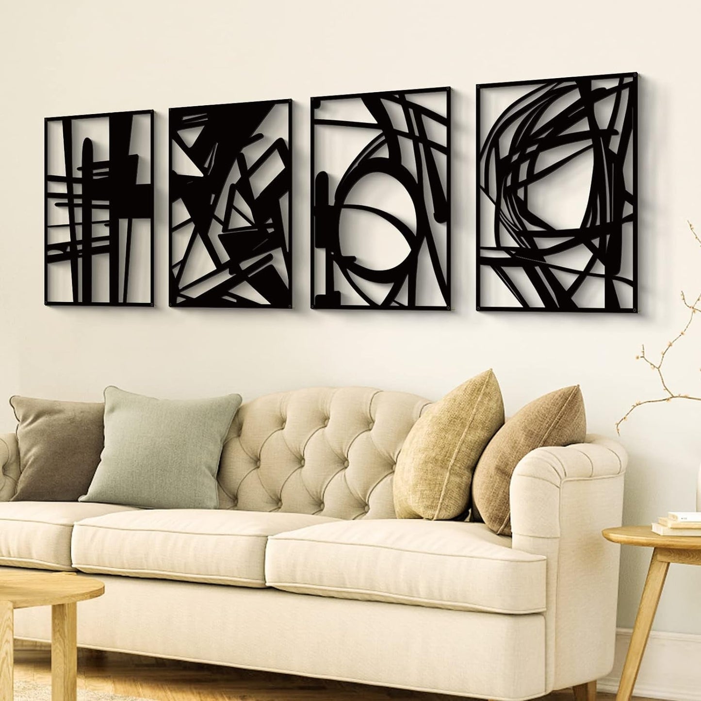 4-Piece Black Metal Abstract Wall Art Set (16" x 11" Each) - 3D Hollow Design