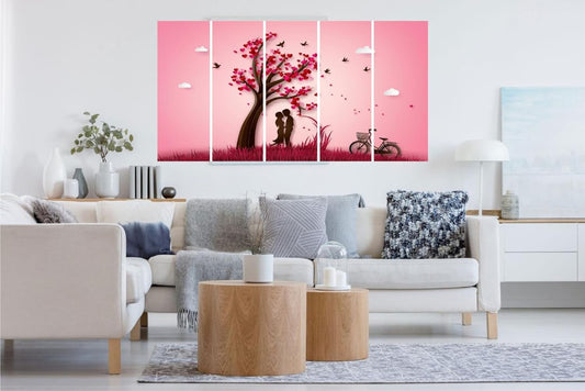 Living room with a large wall art piece featuring a tree and couple on a pink background.
