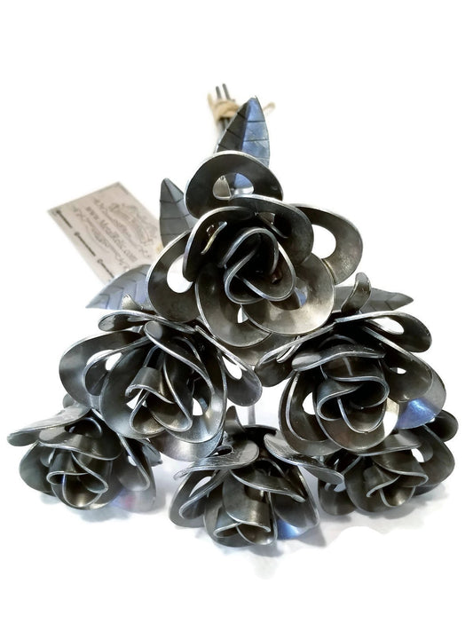 Handmade welded metal rose bouquet with upcycled vase