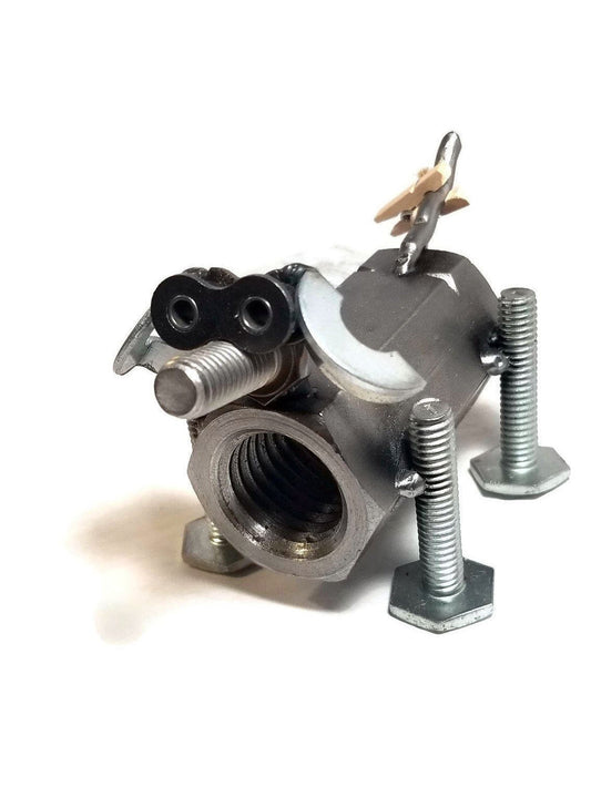Handmade scrap metal dog figurine made from recycled steel
