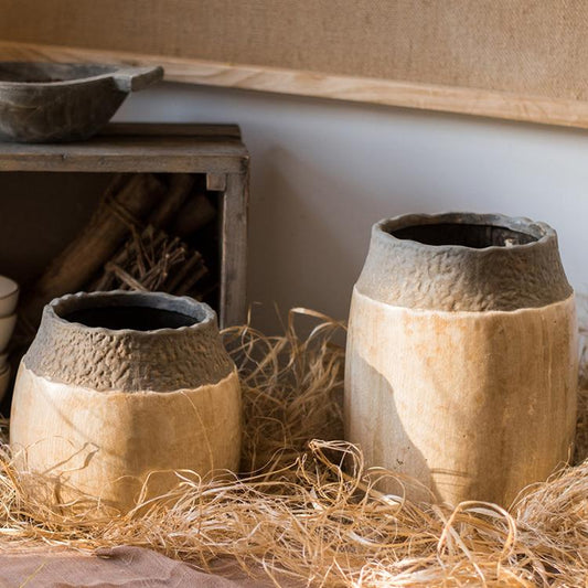 Handmade khaki coarse pottery jar with earthy tones