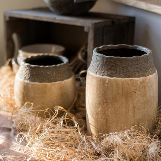 Handmade khaki coarse pottery jar with earthy tones