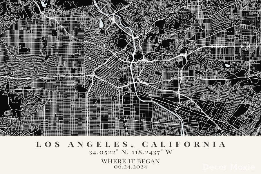 Black and white map of Los Angeles, California with coordinates and date text.