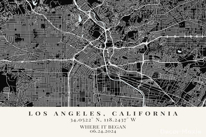 Black and white map of Los Angeles, California with coordinates and date text.