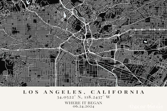 Black and white map of Los Angeles, California with coordinates and date text.