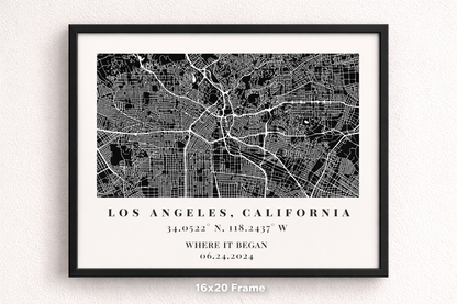 Framed black and white map of Los Angeles, California on a white wall.