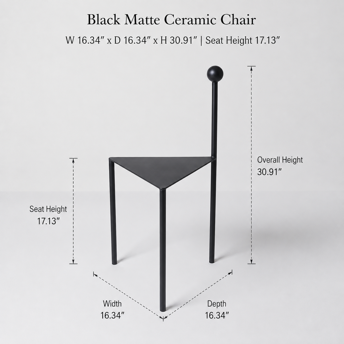 Black matte ceramic chair shown with dimension callouts and text listing width, depth, and seat height on a light gray background.