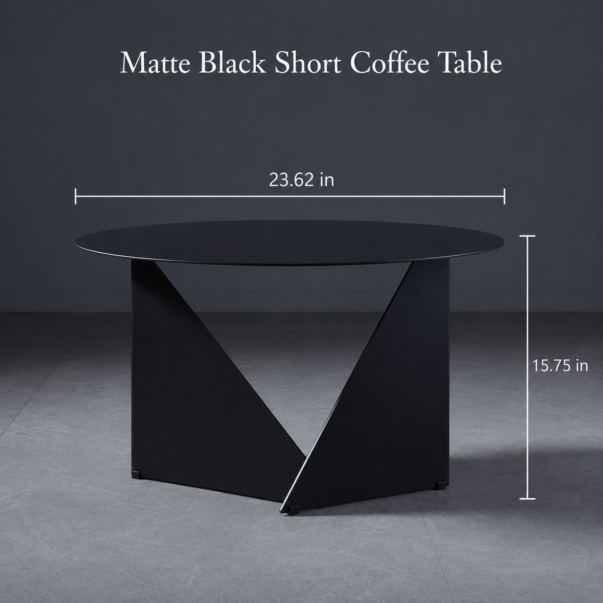 Matte black short coffee table with overlaid dimension lines showing a width of 23.62 in and a height of 15.