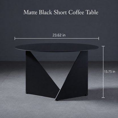 Matte black short coffee table with overlaid dimension lines showing a width of 23.62 in and a height of 15.