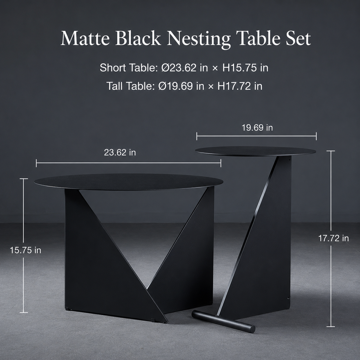 Matte black nesting table set with dimension callouts showing the short table as 23.62 x 15.
