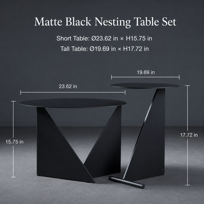 Matte black nesting table set with dimension callouts showing the short table as 23.62 x 15.