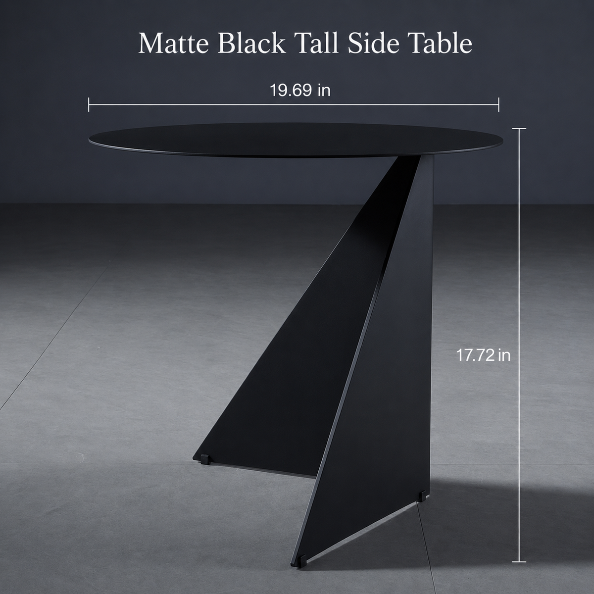Matte black tall side table with a round top and angular pedestal base, shown with dimension lines and text indicating 19.69 in width and 17.