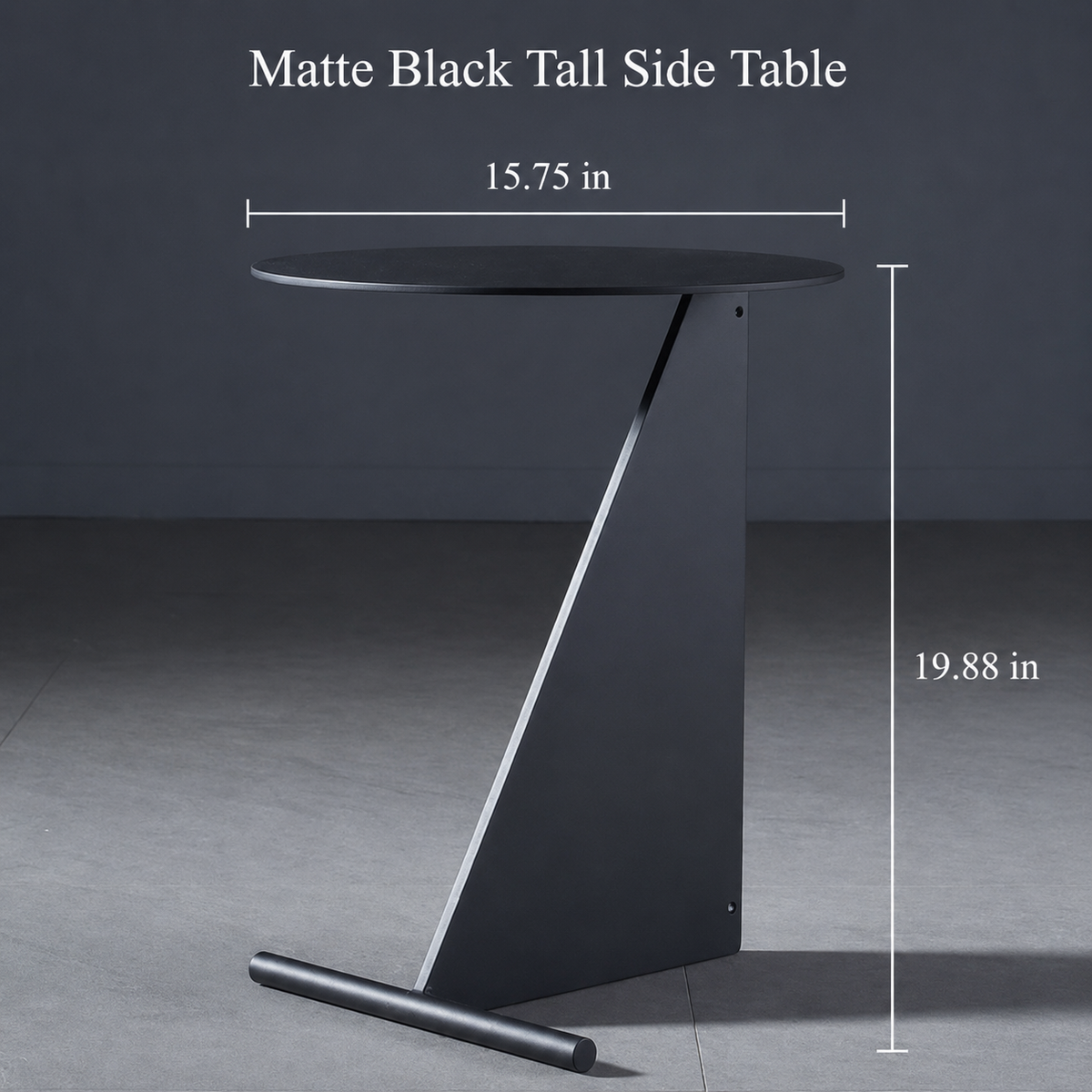 Matte black tall side table with dimension annotations showing a width of 15.75 in and a height of 19.