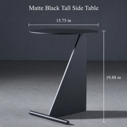 Matte black tall side table with dimension annotations showing a width of 15.75 in and a height of 19.