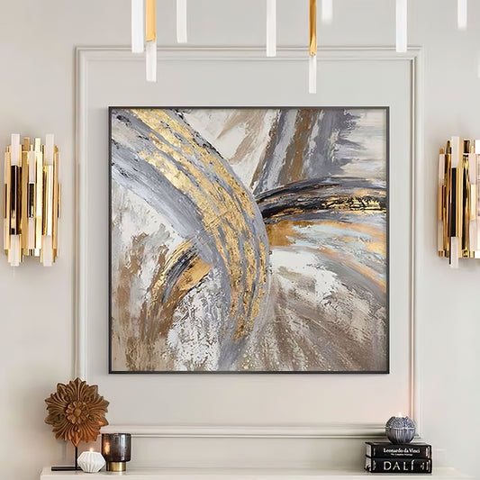 Luxury Hand-Painted Gold & Gray Abstract Oil Painting on Canvas