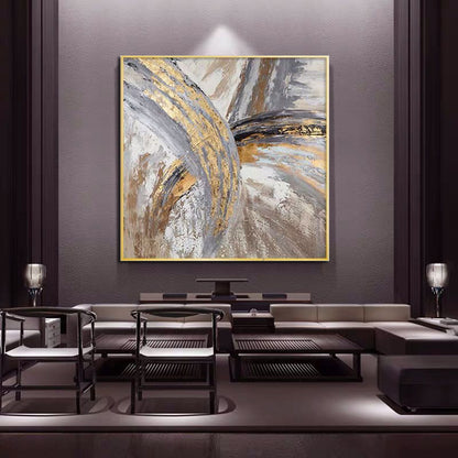 Luxury Hand-Painted Gold & Gray Abstract Oil Painting on Canvas