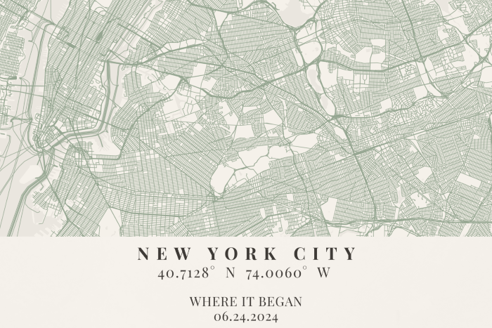 Map of New York City with coordinates and date text overlay