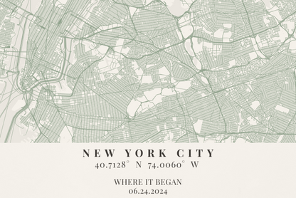 Map of New York City with coordinates and date text overlay