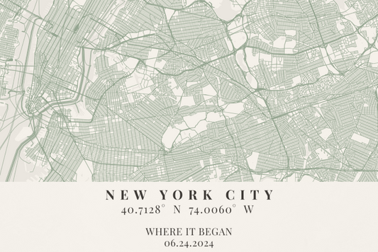 Map of New York City with coordinates and date text overlay