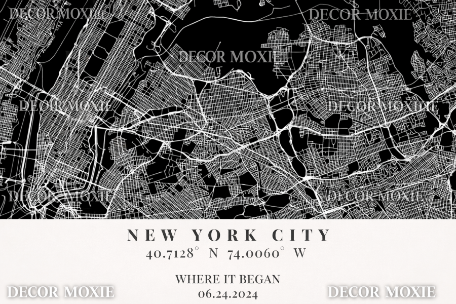 Black and white map of New York City with coordinates and date text at the bottom.