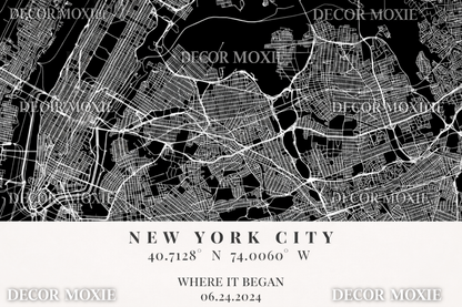 Black and white map of New York City with coordinates and date text at the bottom.