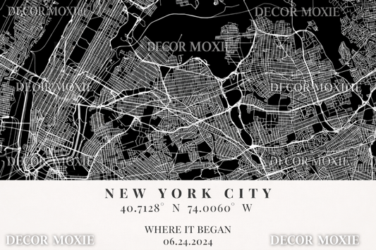 Black and white map of New York City with coordinates and date text at the bottom.