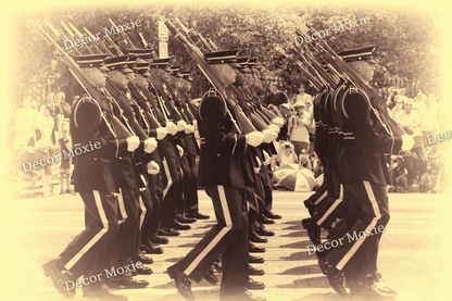 Black and white photograph of soldiers in uniform with rifles during a ceremony.