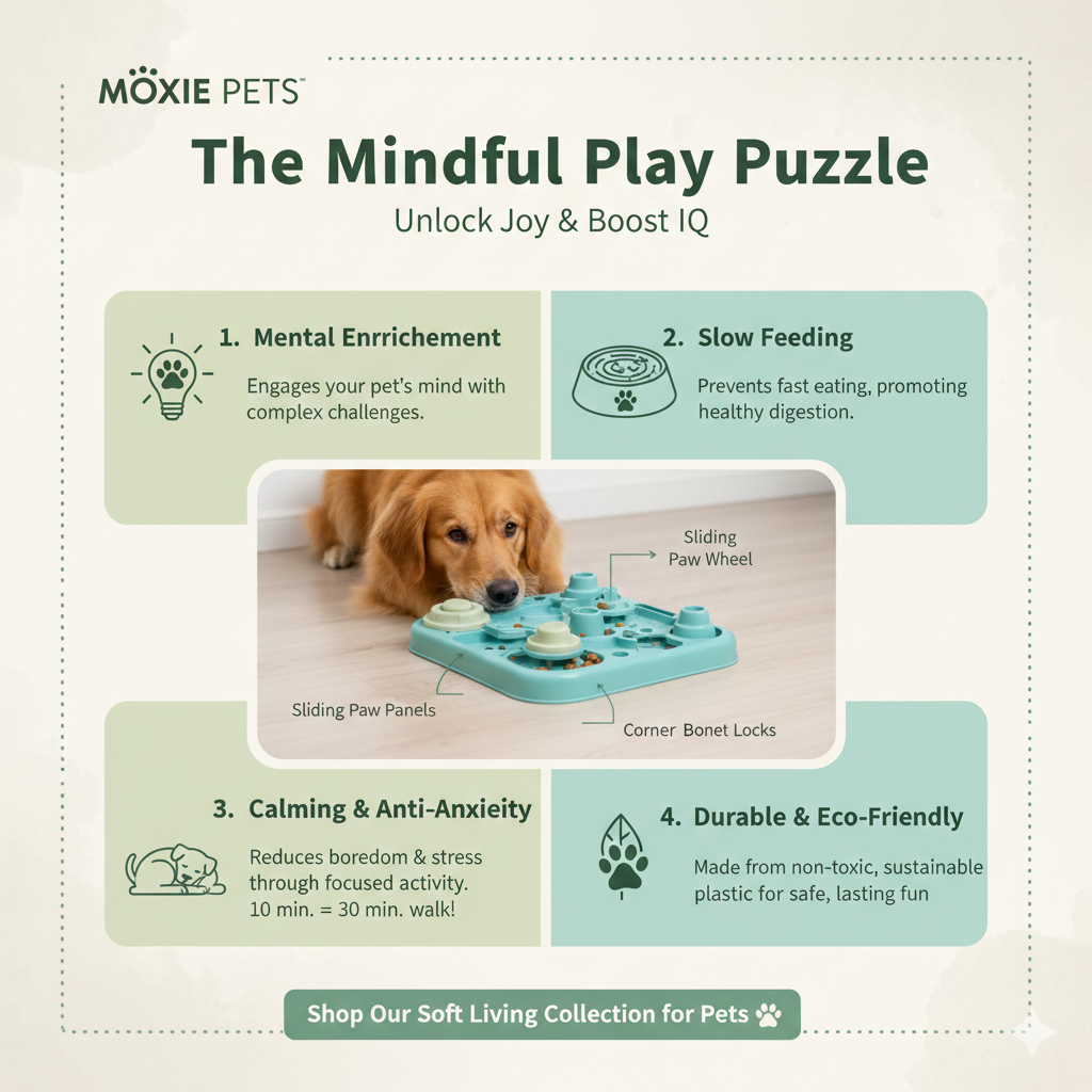 Mindful Play Puzzle slow-feeder dog toy infographic showing a golden dog using an interactive puzzle with sliding paw panels. Highlights mental enrichment, slow feeding for healthy digestion, calming anti-anxiety activity, and durable eco-friendly materials. Moxie Pets soft living pet collection.