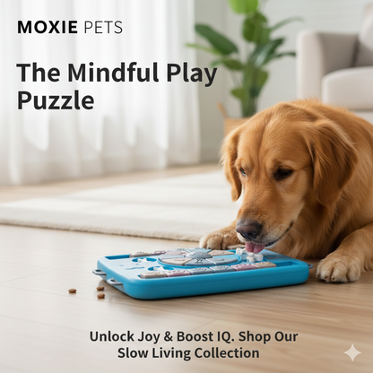 Mindful Play Puzzle slow-feeder dog toy infographic showing a golden dog using an interactive puzzle with sliding paw panels. Highlights mental enrichment, slow feeding for healthy digestion, calming anti-anxiety activity, and durable eco-friendly materials. Moxie Pets soft living pet collection.