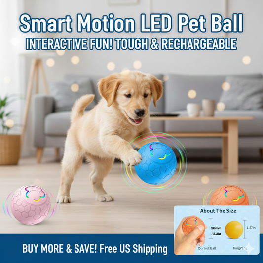 Promotional image for the Smart Motion LED Pet Ball featuring a golden retriever puppy playing with a blue glowing ball. The image includes pink and orange variations, a size comparison chart showing the 2.2-inch diameter, and text highlighting 'Interactive Fun! Tough & Rechargeable' with a 'Buy More & Save' offer.