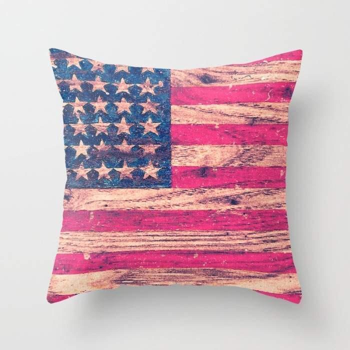 Vintage Pink Patriotic American Flag Retro Wood 18" Pillow Bundle
